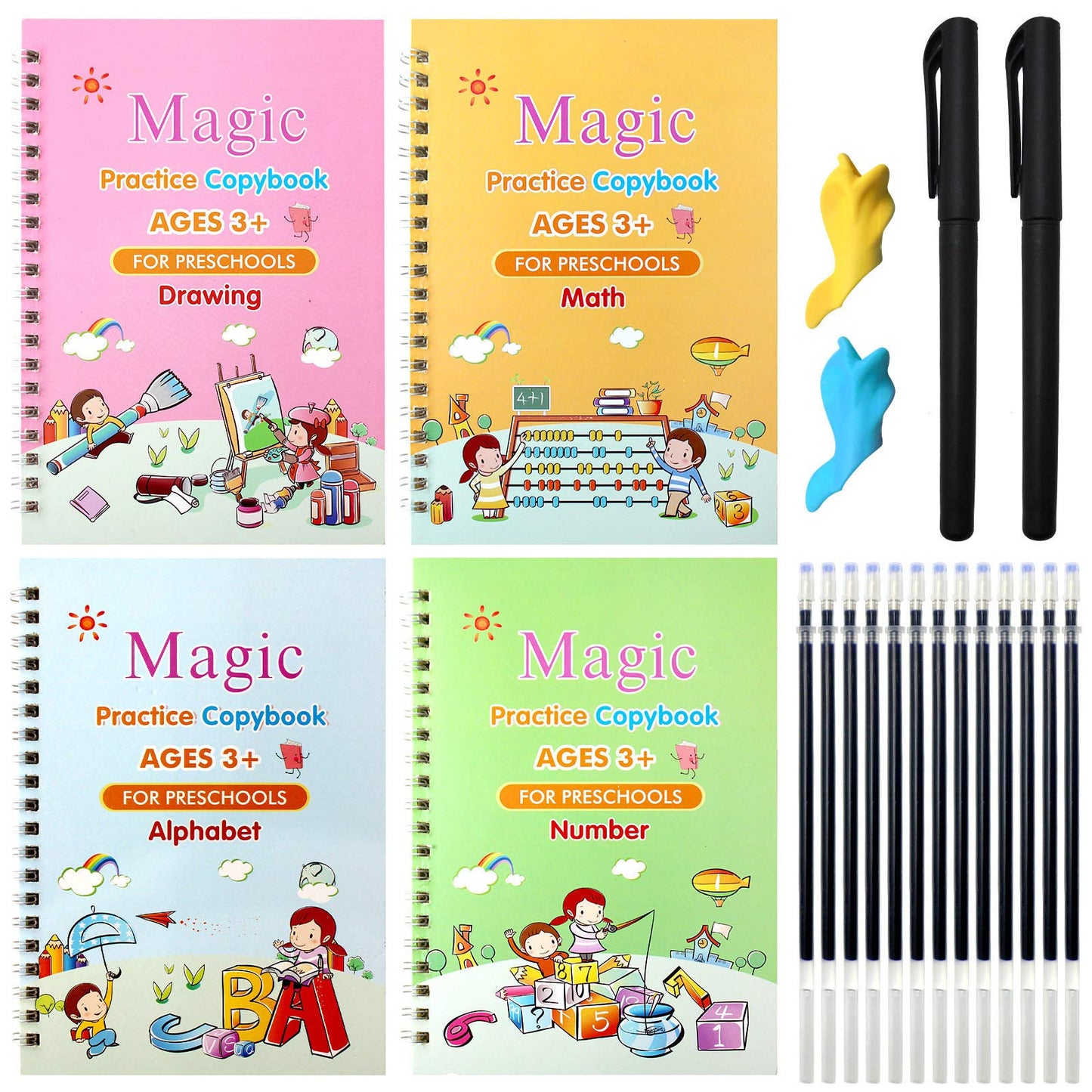 (Pack of 4) Magic Practice Copybook for Kids, Children Reusable Handwriting Practice Copy Books for Preschools Magic Workbook Letter Writing Book