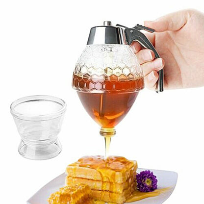 Crystal Glass Honey Dispenser Transparent Honey Storage Bottle Container with Holder
